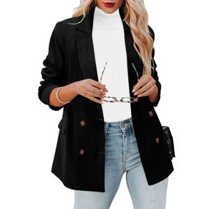 CRAZY GRID Womens Casual Blazer Jacket Long Sleeve Open Front Work Office Blazer Lapel Button Jacket (Large, 2-black)