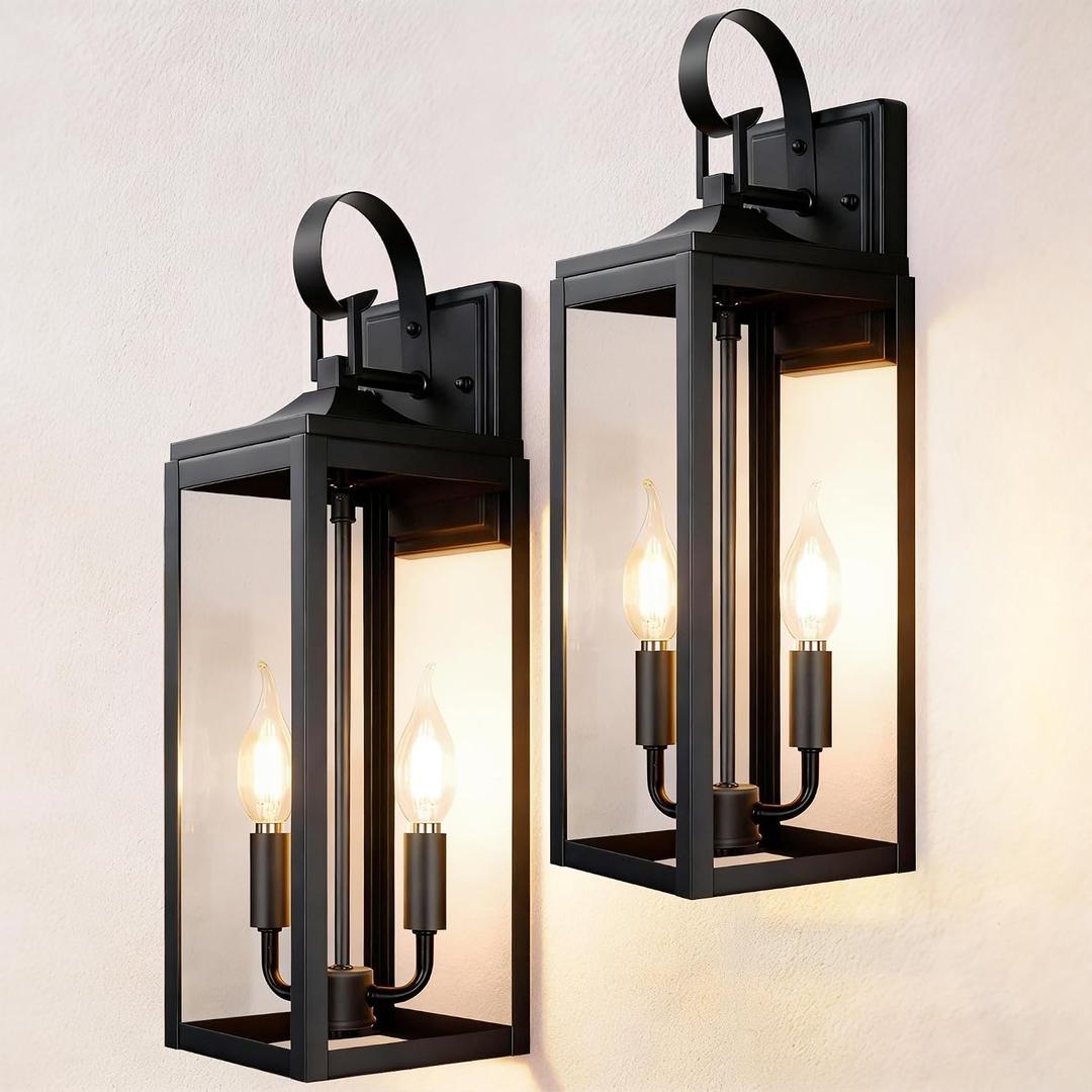 OKELI 17.6" 2-Pack Outdoor Wall Light Fixture, Large Exterior Porch Lighting 2-Light Farmhouse Outside Lantern Lights with Clear Glass Waterproof Wall Sconces Lamp for House Garage