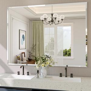 Frameless Bathroom Mirror, 48" x 36" Rectangle Beveled Wall Mirror, Modern Decorative Vanity Mirrors for Living Room, Entryway, Bedroom, Hangs Horizontally or Vertically