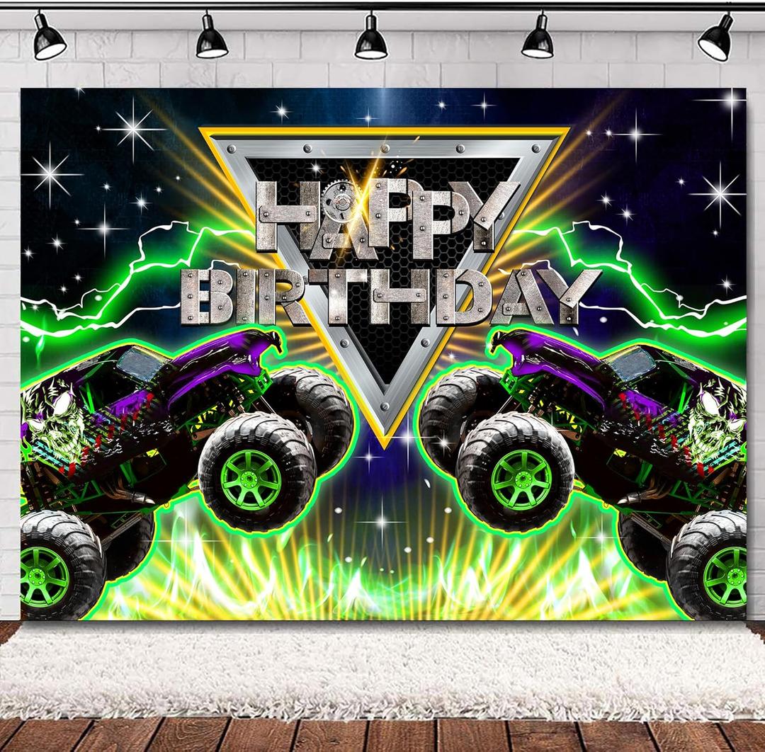 SVBright Truck Birthday Backdrop 7Wx5H Monster Green Car Grave Digger Birthday Party Light Racing Car Vehicle Jam Boys Decorations Photography Background Banner Photo Booth Studio