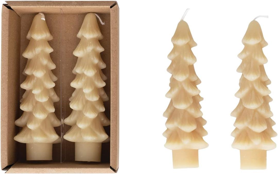 Creative Co-Op Unscented Tree Shaped Taper Candles, Eggnog, Boxed Set of 2 , 5"