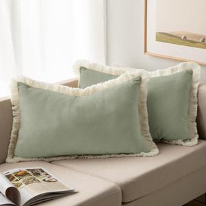 DWCN Boho Throw Pillow Covers with Tassels 12x20 Inch Set of 2, Soft Velvet Decorative Cushion Case with Invisible Zipper, Home Decor for Couch Bed Living Room, Sage Green (12" x 20" (Pack of 2))