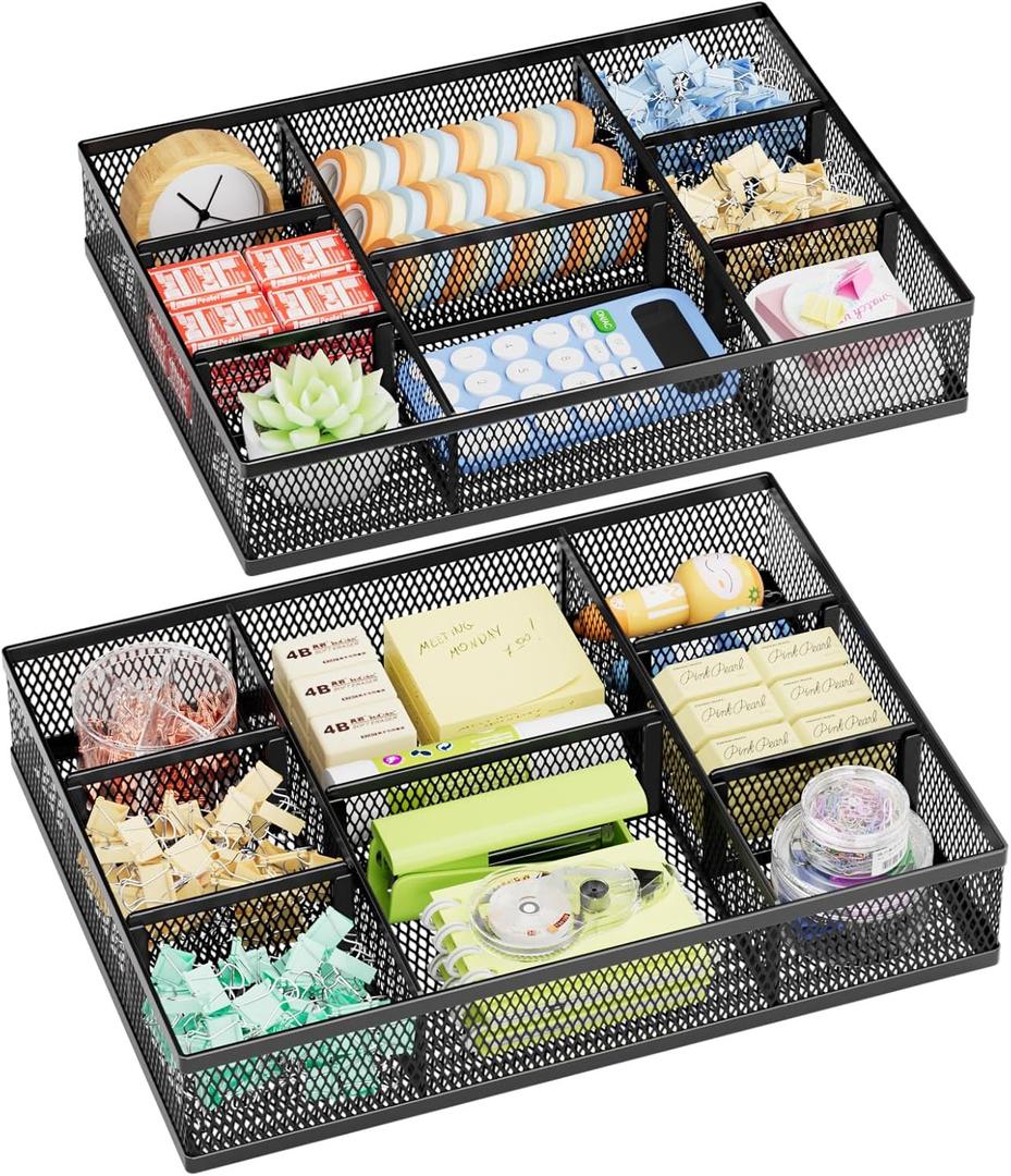 Marbrasse 2 Pack Desk Drawer Organizer, Mesh Drawer Organizer Tray with 8 Adjustable Compartments, Desk Organizers and Accessories, 5 Dividers Drawer for Office Supplies, Makeup & Vanity (Black)