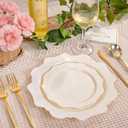 WDF 200PCS Ivory Plastic Plates with Gold Rim - Cream Plastic Plates - Include 100 Dinner & 100 Dessert Fancy Disposable Plate for Party - Heavy Duty Plate for Wedding/Baby Shower/Spring/Mother's Day