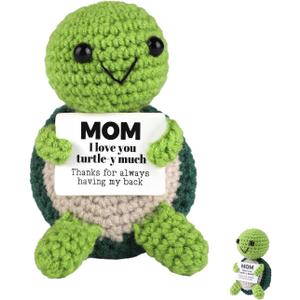 2 x TOYMIS Crochet, I love MOM Turtle-y Much Emotional Motivational Doll Inspirational Knitted Crocheted Animal with Keychain Hook for Uplifting Gift Home Office Decor