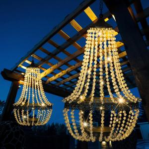 Hanging Solar Lantern Outdoor, 28 Modern Clear Crystal Acrylic Chandelier with 30 Warm White Lights S Hook for Garden, Yard, Patio, Gazebo Decorations