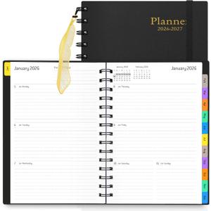 Daily Planner 2026-2027, 18-Month Weekly and Monthly Calendar Planner, January 2026 - June 2027, Planning Agenda Book with Laminated Tabs, Flexible Cover, 100GSM Thick Paper, A5 Size,Black