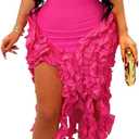 IyMoo Women Sexy Strapless Ruffle Bodycon Dress Solid Color Fringe Slim Party Cocktail Bandage Dresses (Large, Rose Red)