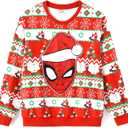 Disney family matching sweatshirt Stitch Mickey Spiderman print long sleeve winter Christmas mom dad kids loose fit red (Large)