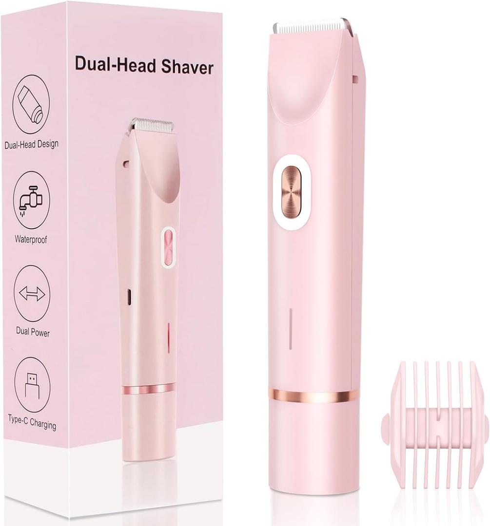 New 2-in-1 Electric Bikini Trimmer for Women - Dual Head Electric Razor,Waterproof Painless Bikini Shaver, Pubic Hair Trimmer for Private Area & Body Hair,Gifts for Women,Pink