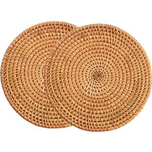 13" Natural Hand Woven Rattan Placemats for Dining Table,Decorative Heat Resistant Mats for Kitchen Coutertops,Hot Dishes,Pots and Pans,Round Diameter 35CM (Set of 2,Gold)