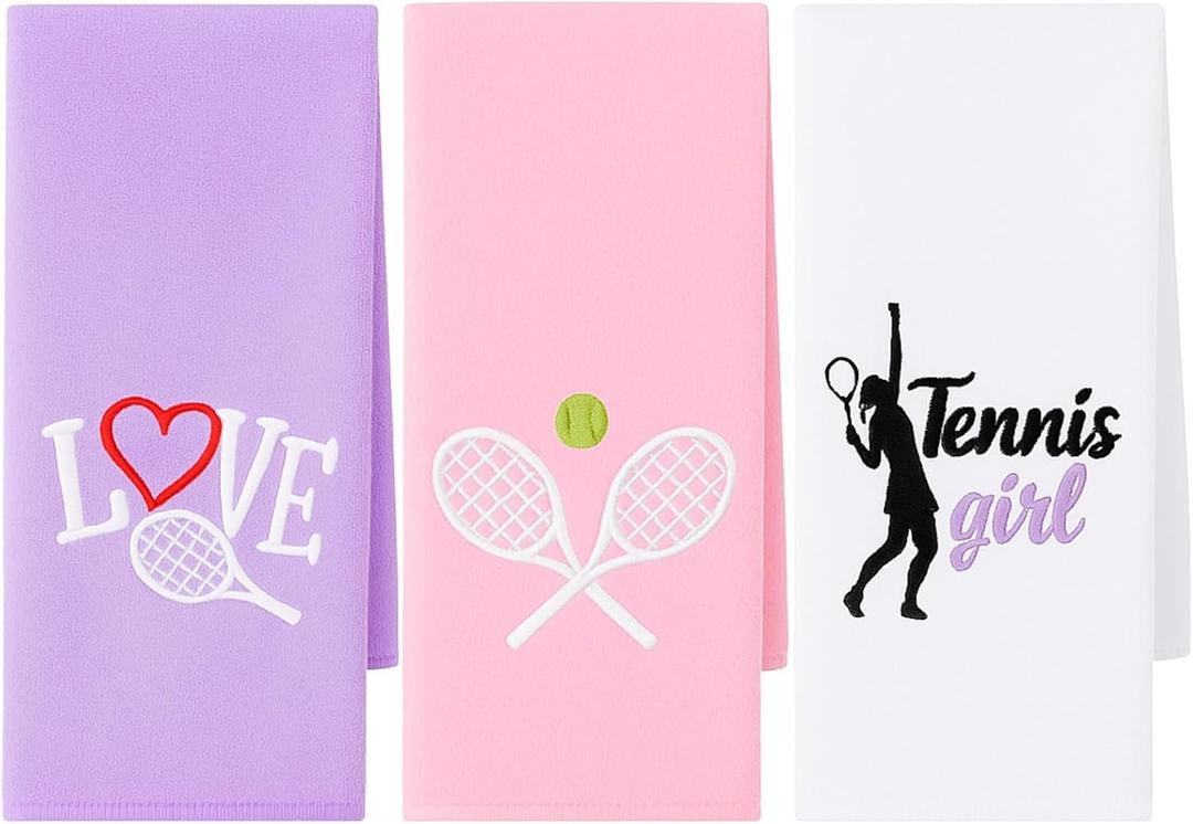 VitalCozy 3 Pcs Tennis Towel Cotton 30x14 Inch Embroidered Sports Towel Funny Tennis for Women Men Sports Player Fitness Accessories (Pink Purple White)