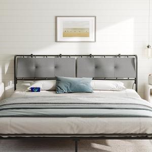MAHANCRIS Queen Size Headboard, Upholstered Headboard with 2 Charging Stations, Metal Frame Structure, Adjustable Linen Upholstery with Strap Fastener, Bed Frame Adapter Included, Black and Grey