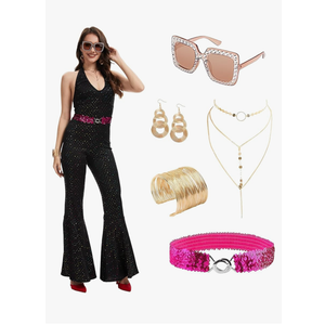 6Pcs Womens 70s Disco Outfits Jumpsuit,Women Fashion Hippie Costume Disco Accessories for Halloween Party, 2XL