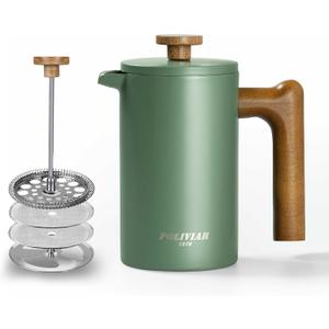 POLIVIAR French Press Coffee Maker, 21 oz Coffee Press with Real Wood Handle, Double Wall Insulation & Dual-Filter Screen, Food Grade Stainless Steel for Good Coffe and Tea, JX2024-SFPN (Green)