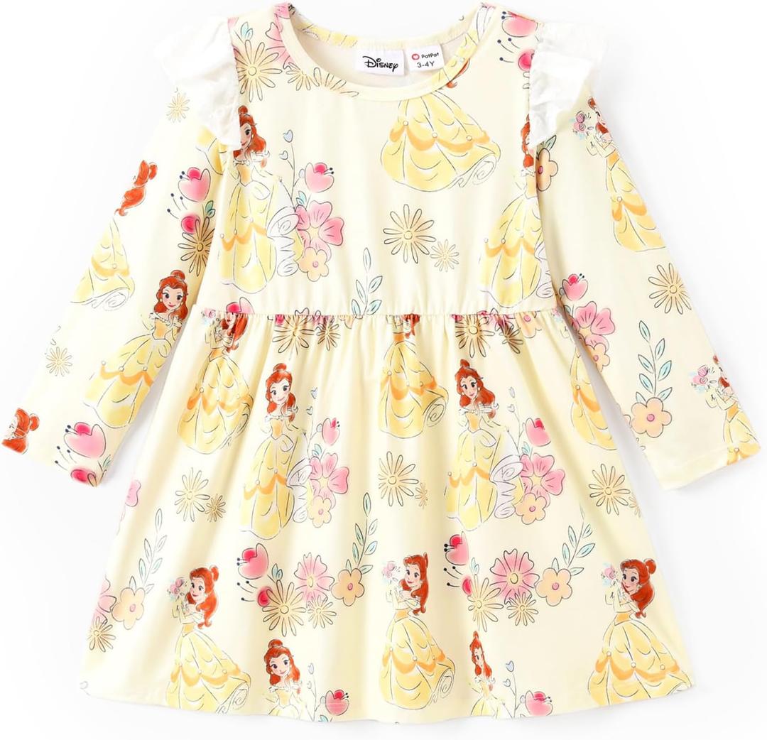 Disney Princess Frozen Elsa Minnie Mickey Stitch Ruffle Sleeve Dress A Line Long Sleeve Kids Clothes Baby to Toddler (6-9 Months, Princess Belle Yellow)
