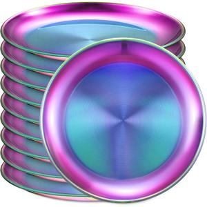 Honeydak 10 Pcs 18/8 Stainless Steel Plates 8 Inch Rainbow Double Layers 304 Metal Stainless Steel Dinner Dishes Unbreakable Adult Reusable Camping Plates Dishwasher Safe Feeding Serving Round Dessert (Multicolor)