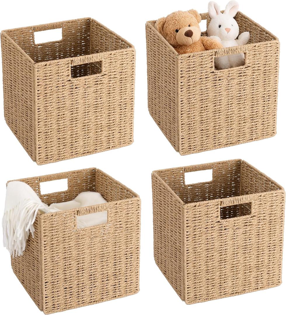 11 inch Cube Storage Bins, Wicker Storage Baskets for Organizing Foldable, 11x11x11inch Square Handwoven Cubby Organizer Bins, Large Collapsible Basket for Shelf Bedroom Living Room, 4 Pack