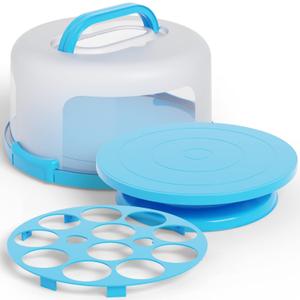 Cake Cupcake Carrier with Lid and Handle + Cake Stand Plate with Dome | 10" Round Cake Container Holder with Cover | Plastic Pie Carrier Cake Storage Container | Bunt Keeper Platter Tray for Transport (Blue)