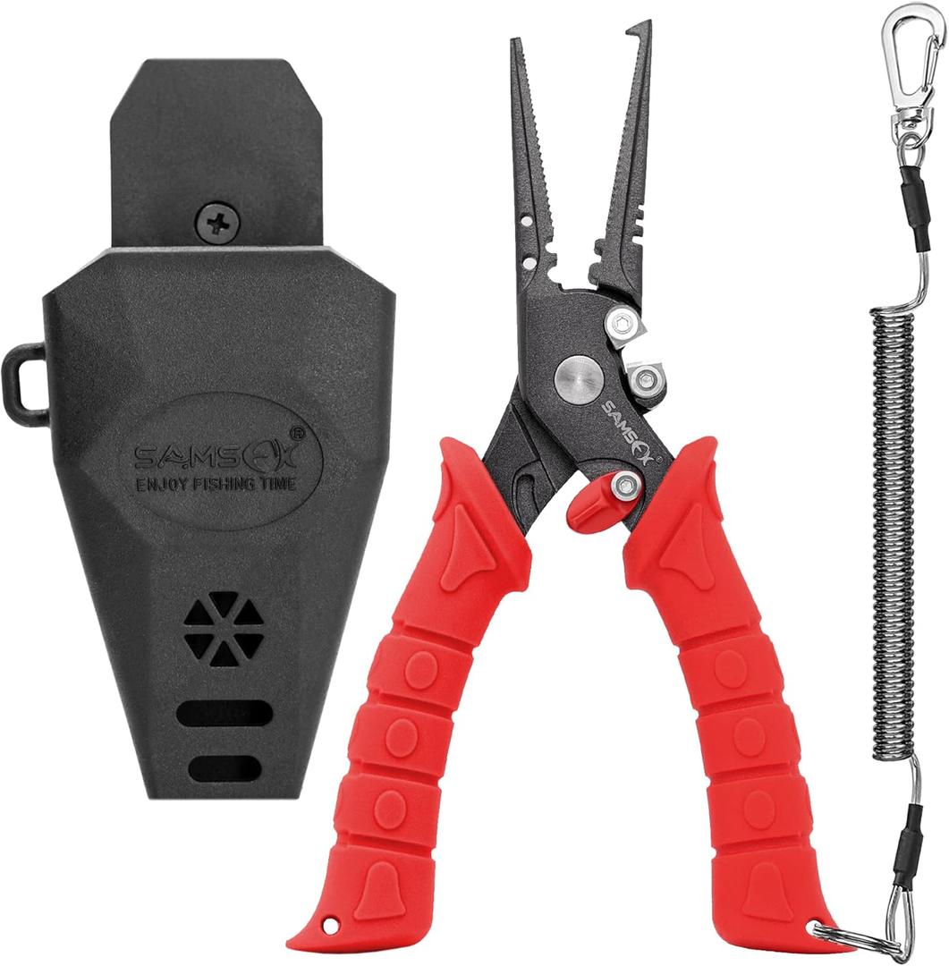 SAMSFX 7.5 inch Fishing Pliers, Stainless Steel Hook Remover Fishing Gear, Tungsten Carbide Cutters, Corrosion Resistant Teflon Coating (Red Handle, Split Ring Nose)