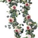 MISSPIN 2pcs Artificial Flowers Garland Eucalyptus Garland Vintage Fake Flower Peony Rose Vine Greenery Decorative Wall Hanging Plant for Wedding Arch Door Arrangement Party Decor (Vintage Pink,2)