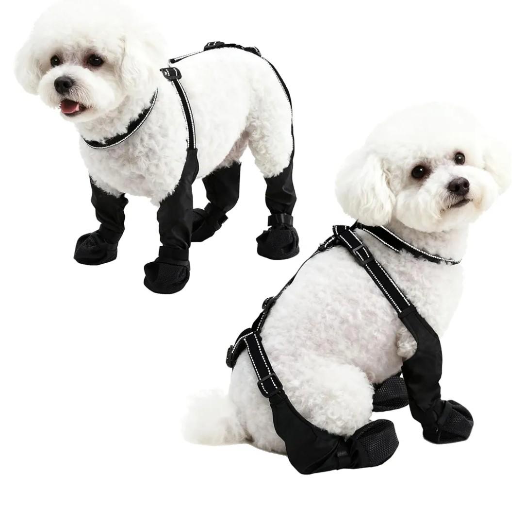 Waterproof Dog Boots for Small/Medium Dogs -Dog Paw Protectors Dog Suspender Boots Anti-Slip Pet Shoes for Outdoor Walking, Reflective Stay-On,Dirt-Proof Comfortable Booties (Black, Small)