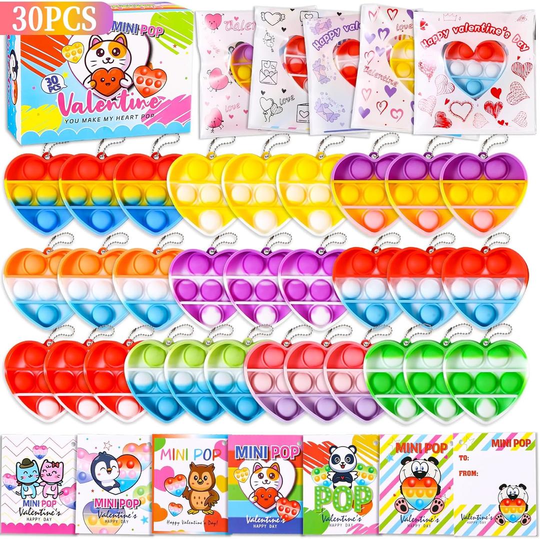 Valentines Day Gifts for Kids, 30 PCS Valentine Heart Mini Pop Fidget Toys with Cards, Classroom Exchange Party Favors, School Prize Supplies