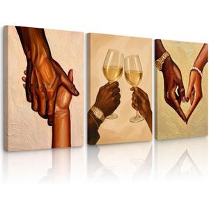 Black Couple Love Wall Art Black People Canvas Wall Decor African American Couple Art Pictures Afro Man Woman Poster Holding Hands Prints Painting for Bedroom Living Room 16x24 Inch Ready to Hang 3Pcs