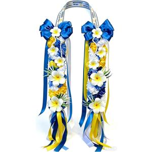 67" 2026 Blue Gold Graduation Leis Class of 2026 Grad Ribbon Lei Hawaiian Ribbon Graduation Braided Lei with Flowers for High School College Student Congrats Grad Gifts Party Accessories