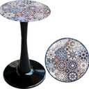 13.4" Outdoor Side Table, Round Patio Bistro Table Printed Tempered Glass Top, Waterproof Rust-Proof Base, Small Plant Stand for Balcony, Garden, Deck, 21.6" H (Bohemia)