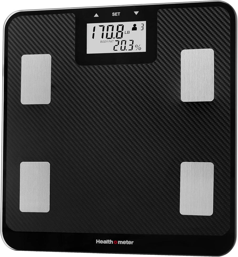 Health o meter Digital Body Composition Scale  BMI, Body Fat & Water Mass Measurement, Multi-User Tracking, 450 lb Capacity, Step-On Carbon Fiber Platform, Backlit Display, 3 AAA Batteries Included