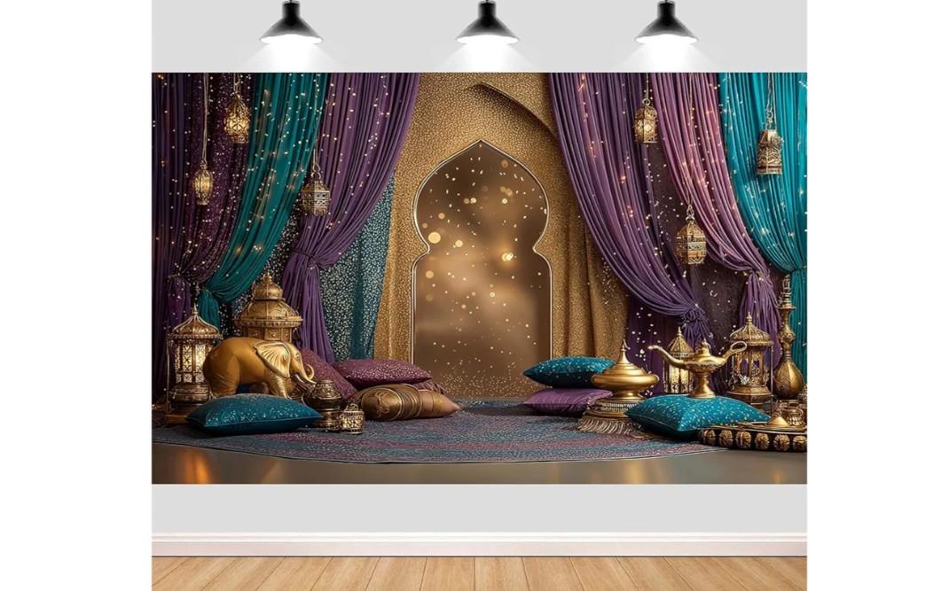 7x5ft Arabian Moroccan Nights Party Photography Backdrop, Moroccan Nights Purple Blue Curtain Lamp Luxurious Princess Wedding Birthday Baby Shower Party Background Decorations Photo Studio Props,2