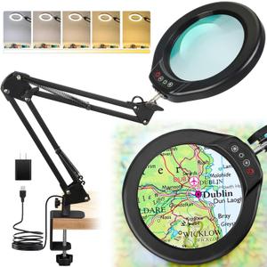 5 Inch Real Glass Magnifying Glass with Light and Clamp, 10X LED Adjustable Swivel Arm Desk Lamp, 5 Color Modes Brightness Steepless Dimmable, Hands Free Lighted Magnifier Stand for Close Work, Craft (8.7-inch Swivel Arm, Black)