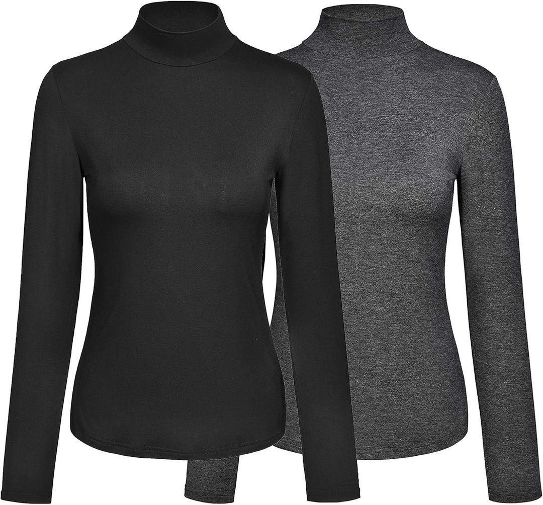 Kindcall Womens Slim Fitted Mock Turtleneck Tops Long Sleeve Lightweight Base Layer Shirts (X-Large, Black+dark Grey 2pack)