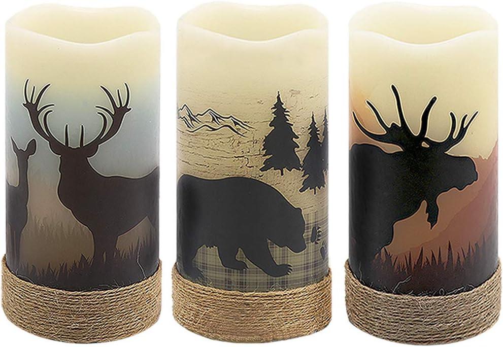 GenSwin Flameless Flickering Led Candles with Hemp Rope and 6H Timer, Battery Operated Set of 3 Real Wax Pillar Rustic Candles Warm Light with Deer, Moose, Bear Decals Decor Christmas Home(D3 x H6) (Deer)