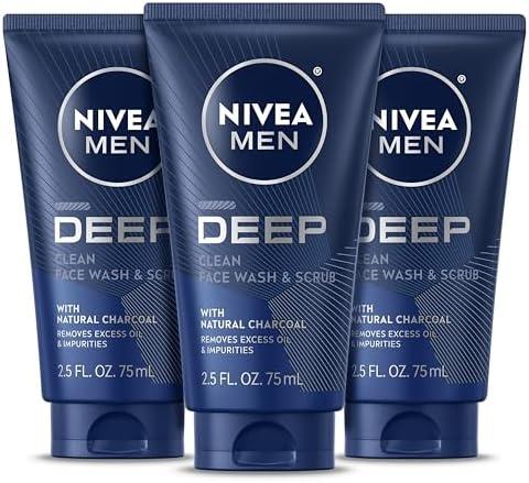 NIVEA MEN Deep Clean Face Wash and Scrub with Natural Charcoal, Exfoliating Face Wash for Men Removes Excess Oil, Dirt and Impurities, Beard Friendly Skin Care, 2.5 Fl Oz Tube, Pack of 2