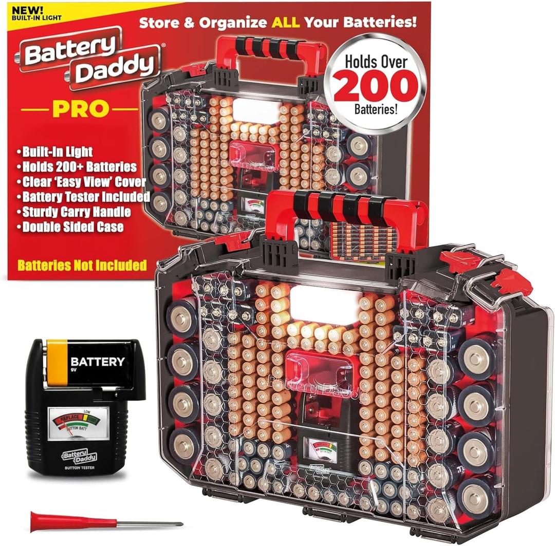 Battery Daddy Storage & Organizer Case w/Light and Tester, Stores & Protects Over 200 Batteries, Double-Sided, Clear Locking Lid, Secure Latches & Portable Handle- Black (Batteries Not Included)
