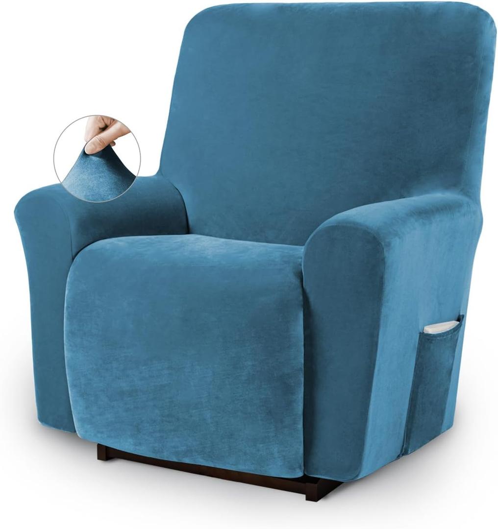 Asnomy Recliner Chair Covers Lazy Boy Recliner Covers with Pockets Stretch Velvet Couch Cover Slipcovers 1-Piece Furniture Protector for Dogs Cats(Recliner,Peacock Blue)