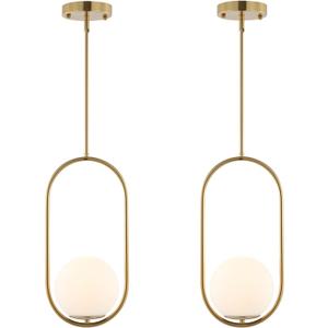 BYOLIIMA Modern Gold Globe Pendant Light Mid Century Chandelier 1-Light Brushed Brass Ceiling Hanging Lighting Fixture with White Globe Glass Lampshade for Kitchen Island Dining Room Bedroom (2 Pack)