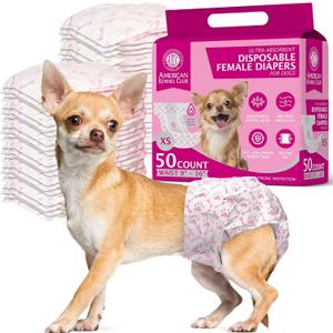 American Kennel Club Female Dog Wrap, Disposable Diapers with Wetness Indicator, X-Small, 50 Count (XS Waist Size 9 - 16 in)