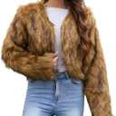Gihuo Women's Winter Cropped Faux Fur Coat Long Sleeve Open Front Cardigan Fleece Jackets Shaggy Parka Outerwear (Large, Brown)