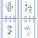 JINYO Blue Wall Art Decor, Vintage Blue and White Striped Floral Wall Art Prints Set of 4, Rustic Cottagecore Botanical Wall Decor Posters Pictures for Home Bedroom Living Room, 8x10 Unframed