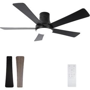 52 Inch Ceiling Fans with Lights and Remote, Flush Mount Black Ceiling Fan, 5 Blades, Dimmable, Reversible Motor, 3-Color Temperatures, 6 Speeds for Bedroom, Living Room, Patio