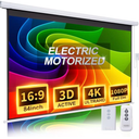 Pull Down Projector Screen Motorized 84 Inch 16:9 HD Electric Small Projector Screen Portable with Remote, Automatic Projector Screens Wall Ceiling Mount White Movie Screens for Outdoor Indoor