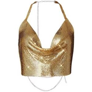 Womens Sexy Metallic Sequins Halter Crop Top Deep V Neck Backless Vest Shirt Clubwear Rave Outfit 50 * 30CMGold Strap (Gold)