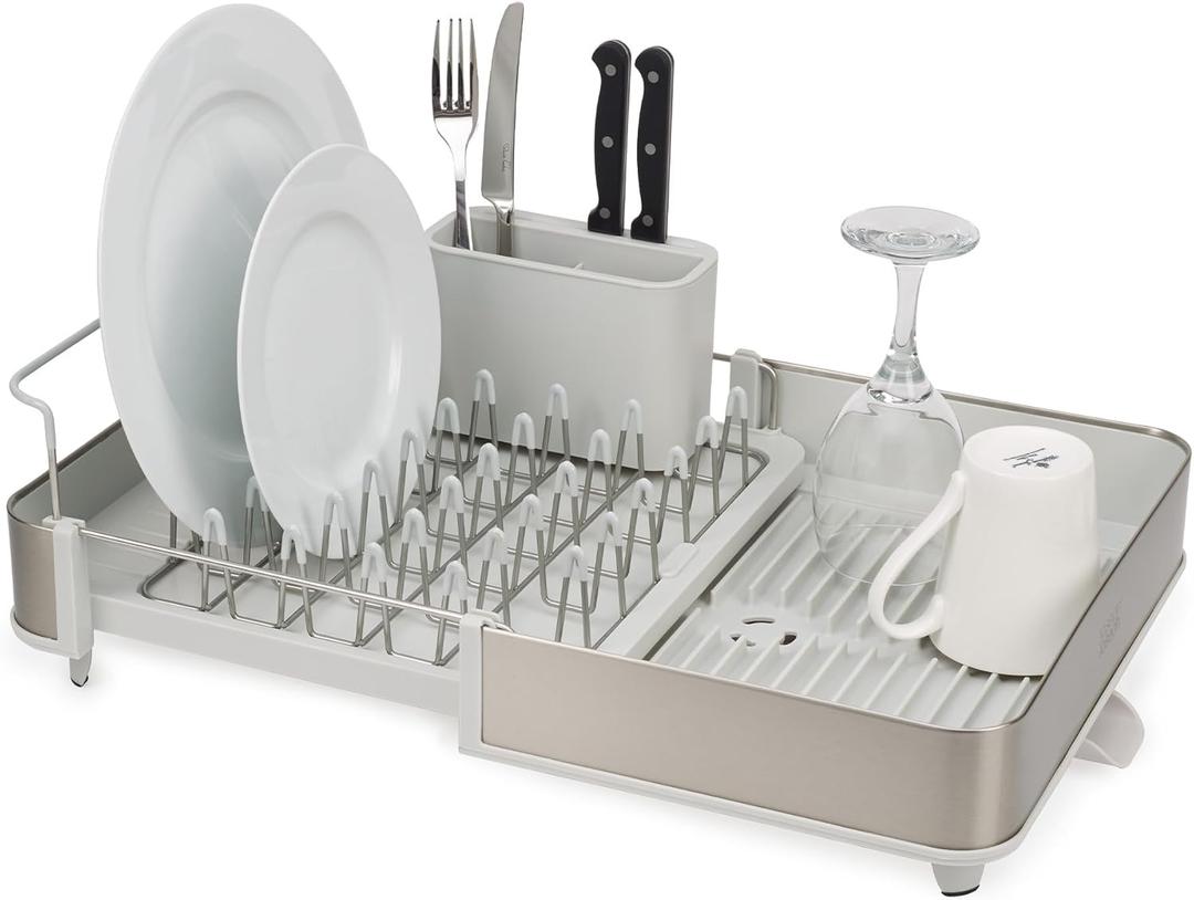 Joseph Joseph Extend Steel Expandable Dish Drying Rack with Removable Cutlery Holder Swivel Draining Spout, Stainless Steel (Light Stone)