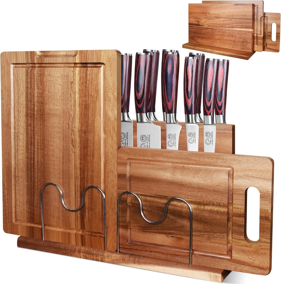 XYJ Acacia Wood Knife Block with Cutting Boards, Dual Magnetic Holder, 2-Piece Chopping Boards (Large & Small), Space-Saving Countertop Organizer, Rustic Kitchen Set without Knives