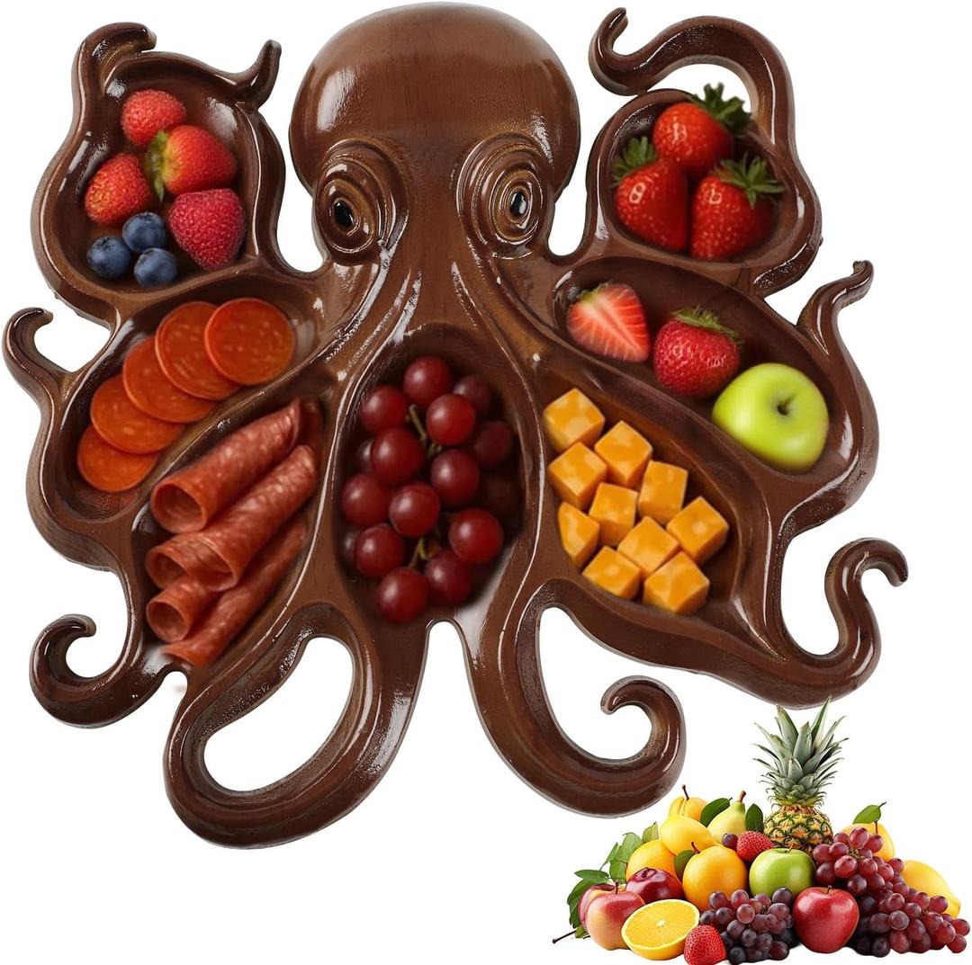 Octopus Charcuterie Platter, Ocean Themed Cheese Bread Board, Novelty Unique Serving Tray Board for Cheese Meats Fruit, Kraken Design Wood Serving Tray, Unique Gift for Seafood Lovers (1 PCS)