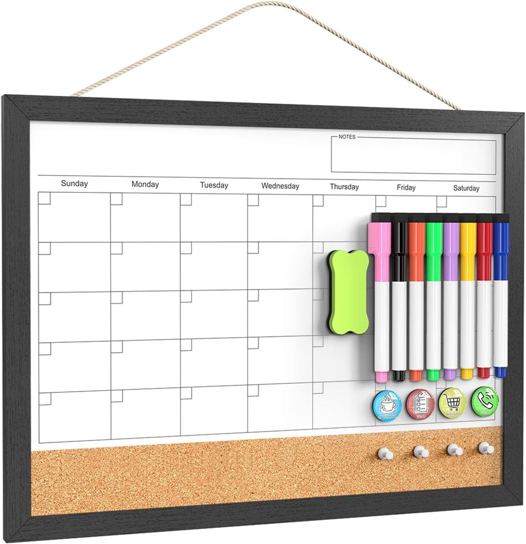 Dry Erase Calendar for Wall, 17x13 Inches Calendar Whiteboard for Wall, Small Magnetic White Board Corkboard with Wood Framed, Hanging Dry Erase Board for Kitchen Home Office School Planner (Black)