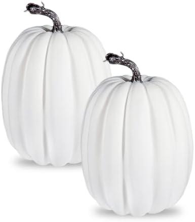 vensovo 2PCS 8 Inch White Plastic Pumpkins for Decorating – Large Artificial Foam Pumpkins for Fall Decor, Halloween, Thanksgiving, Paintable for DIY Crafts & Centerpieces